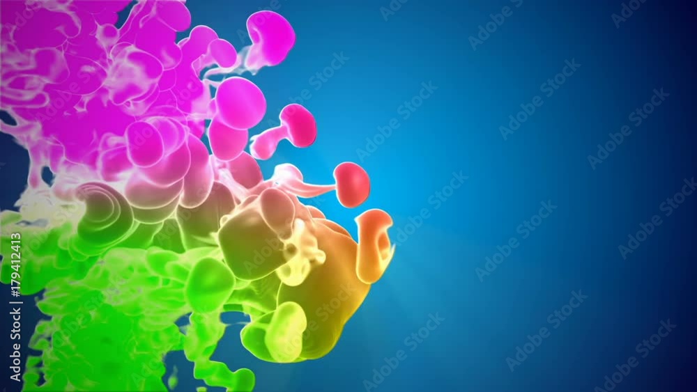 Poster Multicolor 3d flow of dense ink inject in water in slow motion on blue background. Use as background, ink effects on luma matte as alpha channel. Colors of ink are rainbow gradient with backlit. V44