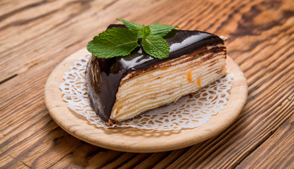 Piece of chocolate cake with caramel