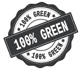 100 PERCENT GREEN text, written on grey round badge.