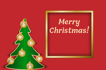 Christmas greeting card with golden frame and fir tree. Vector illustration EPS10