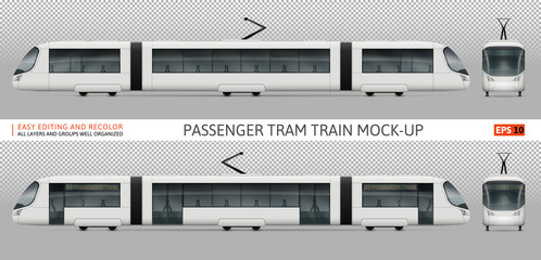 White train vector mock-up for advertising, corporate identity. Isolated tramway template on white. Vehicle branding mockup. All layers and groups well organized for easy editing and recolor.