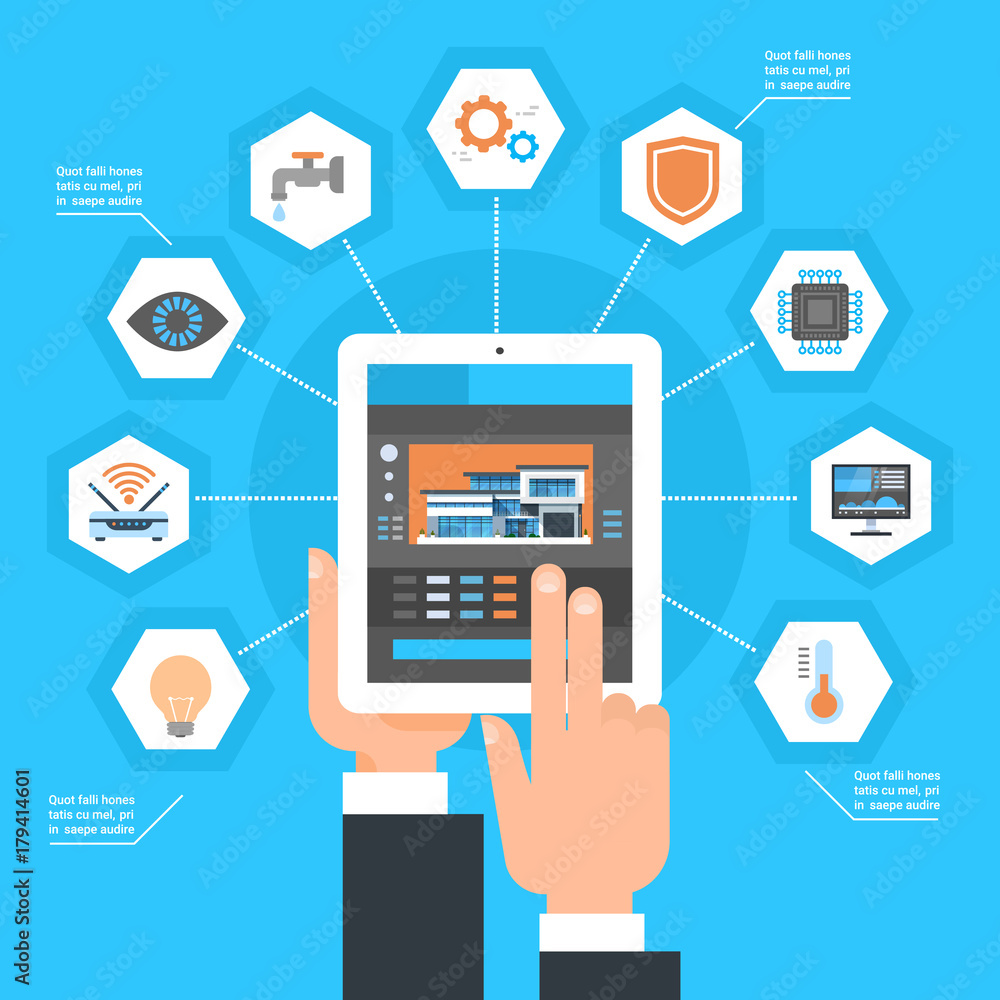 Poster hand using smart home control system on tablet computer house monitoring automation concept vector i
