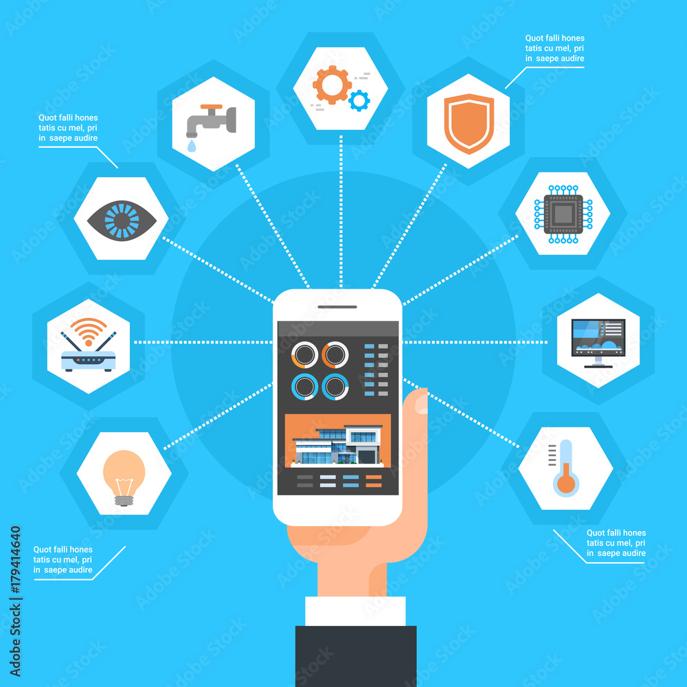 Poster hand using smart home control system on smartphone house monitoring automation concept vector illust