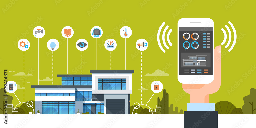 Poster hand holding smartphone with smart home system control interface modern house automation concept vec