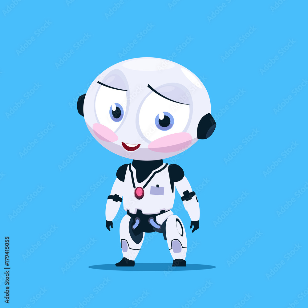 Poster small robot shy with flashed cheeks isolated on blue background icon flat vector illustration