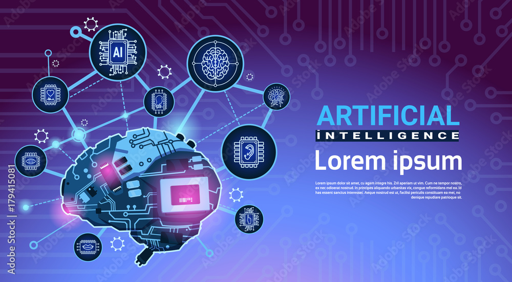 Poster artificial intelligence banner with cyber brain cog wheel and gears over motherboard background with