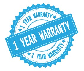 1 YEAR WARRANTY blue text round stamp, with zig zag border.
