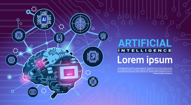 Artificial Intelligence Banner With Cyber Brain Cog Wheel And Gears Over Motherboard Background With Copy Space Flat Vector Illustration