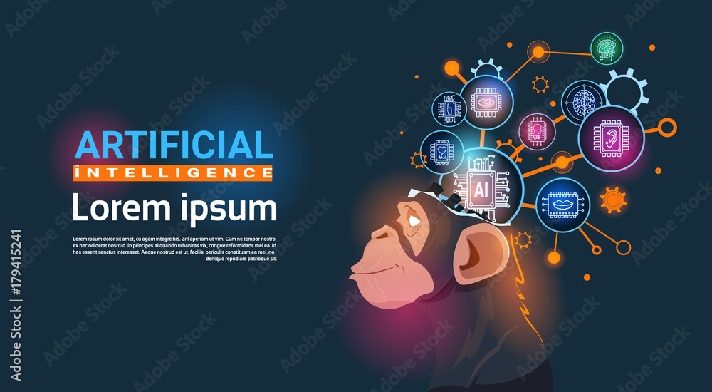 Poster monkey head with cyber brain cog wheel and gears concept of artificial intelligence banner with copy