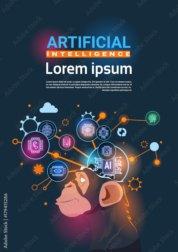 Poster monkey head with cyber brain cog wheel and gears concept of artificial intelligence vertical banner 