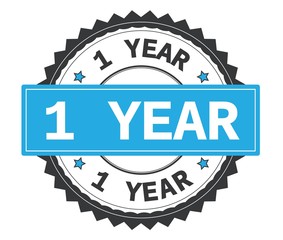 1 YEAR text on grey and cyan round stamp, with zig zag border.