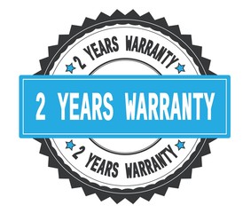 2 YEARS WARRANTY text on grey and cyan round stamp, with zig zag