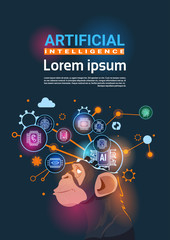 Monkey Head With Cyber Brain Cog Wheel And Gears Concept Of Artificial Intelligence Vertical Banner With Copy Space Flat Vector Illustration