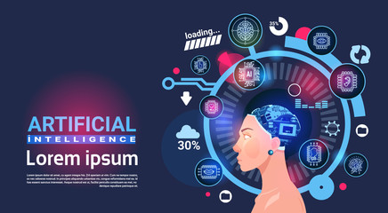 Artificial Intelligence Female Head Cyber Brain Modern Technology Robots Banner With Copy Space Flat Vector Illustration