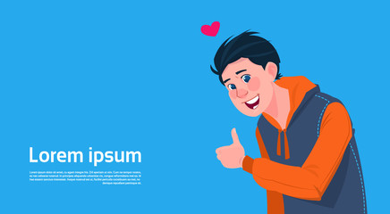 Young Teenager Boy Showing Thumb Up Like Banner With Copy Space Flat Vector Illustration