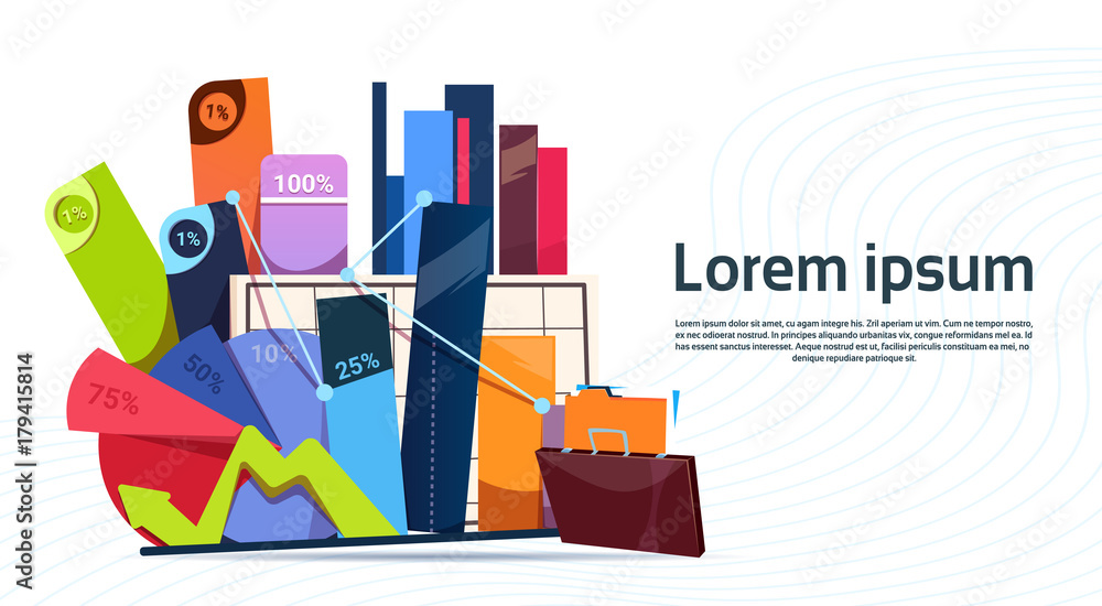 Aufkleber box with office stuff digrams and charts with percents isolated on white background with copy space 