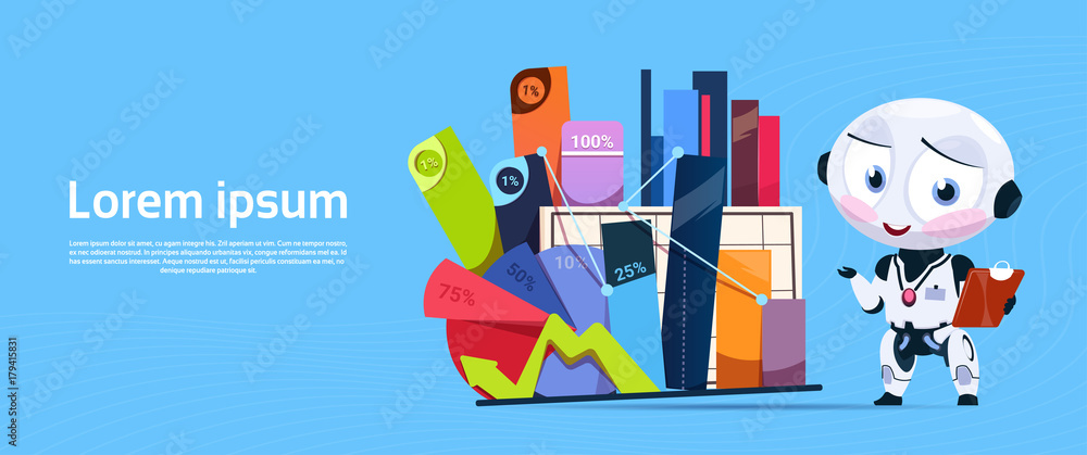 Poster robot with box of office stuff digrams and charts percents banner with copy space flat vector illust