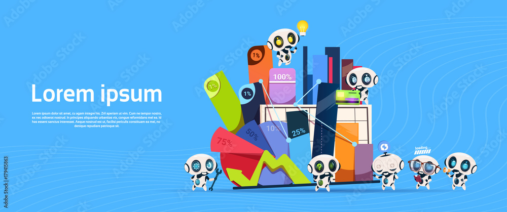 Poster group of robots with box of office stuff digrams and charts percents banner with copy space flat vec