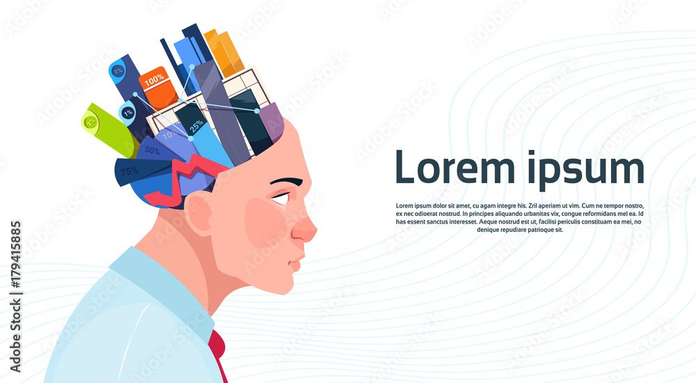 Poster man head with box with office stuff digrams and charts with percents on white background with copy s