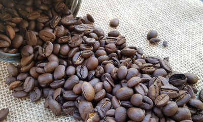 Coffee beans in a bag on canvas background