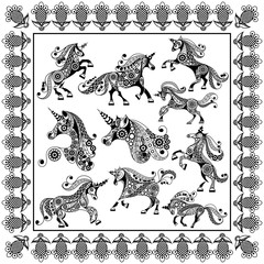 Graphic illustration with abstract unicorns_set 3