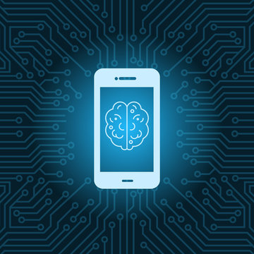 Smart Phone With Brain Image Icon Over Blue Circuit Motherboard Background Vector Illustration