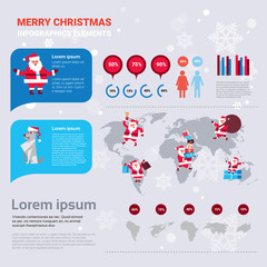 Fototapeta na wymiar Santa Claus And Holiday Dog On Merry Christmas Infographics Banner With World Map Vector Illustration