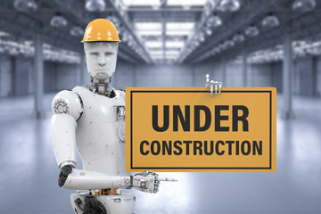 robot holding under construction sign