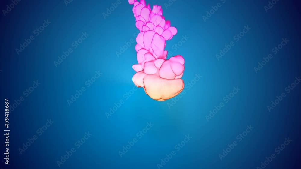 Poster multicolor 3d flow of dense ink inject in water in slow motion on blue background. colors of ink are