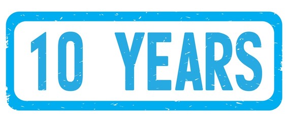 10 YEARS text, on cyan rectangle stamp.