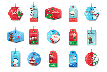 Set Of New Year Sale Tags Colorful Shopping Discounts Stickers Collection On White Background Flat Vector Illustration