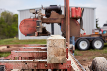 Raw lumber being processed for planks and beams