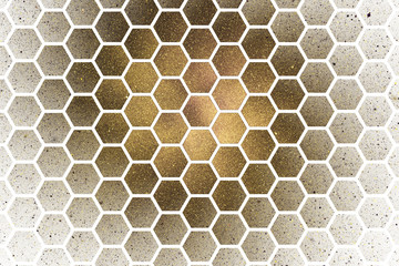 Abstract geometric texture with golden sparkles on white background. Fantasy hexagonal fractal design. Digital art. 3D rendering.