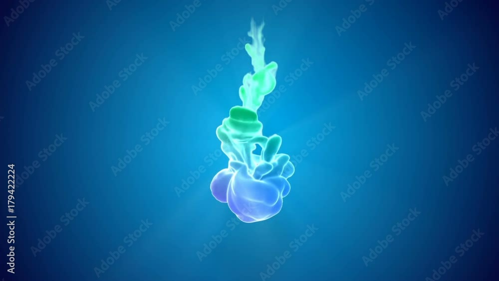 Poster animation of multicolor 3d flow of ink inject in water in slow motion on blue background. cold color