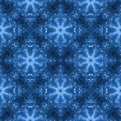 Abstract seamless golden flower ornament on black background. Symmetric fractal pattern in blue colors. Creative design for wallpapers or textile. Digital art. 3D rendering.