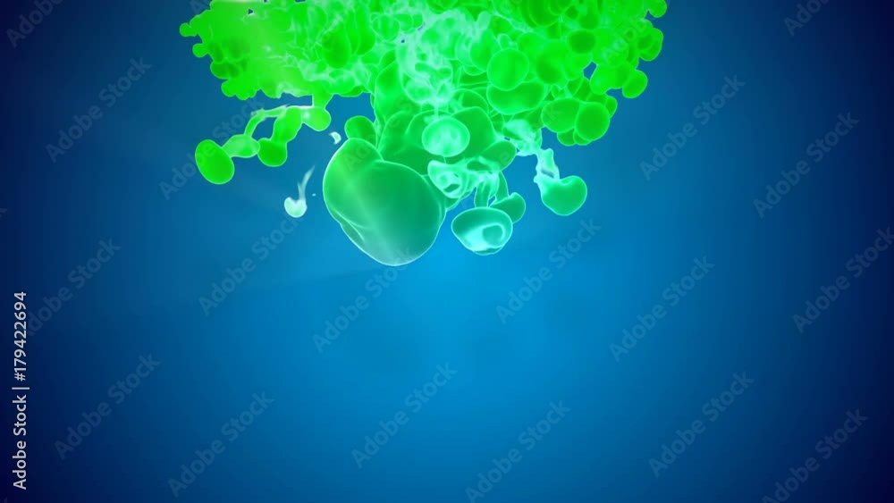 Poster animation of multicolor 3d flow of ink inject in water in slow motion on blue background. cold color
