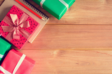 top view christmas gift box on wood table