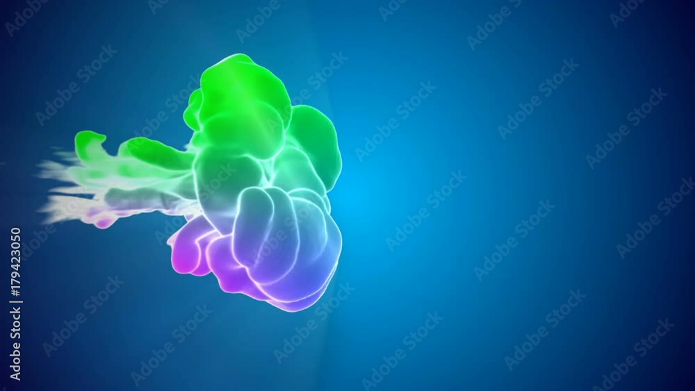 Poster animation of multicolor 3d flow of ink inject in water in slow motion on blue background. cold color