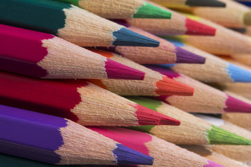 Colored pencils of various colors, close up