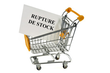 Carte sur laquelle est écrit rupture de stock  dans un chariot de surermarché