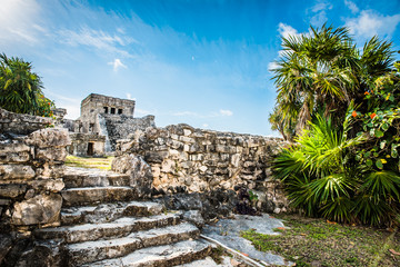 Temple ruins in Tulum of the Ancient Maya Archeological Site in Yucatan, Riviera Maya, Mexico