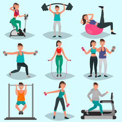 Set of guys and girls engaged in physical training color illustration