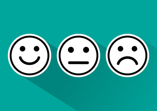 Black And White Set Of Face Icons With Positive, Neutral And Negative Mood On Turquoise Background. Vector Illustration