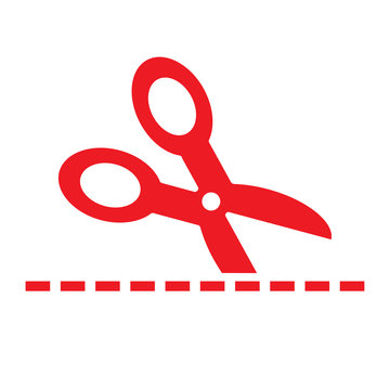 Red scissors with cut lines on white background. Vector illustration