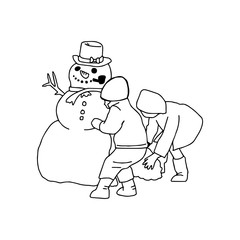 two boys building a snowman vector illustration drawing with black outlines, isolated on white background