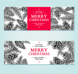 Christmas banner. Vector hand drawn illustration with pine cone, evergreen, fir tree.