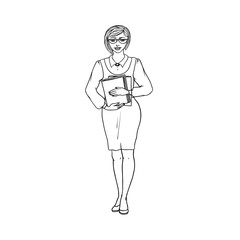 Young woman pedagogue, secretary or librarian in blouse and dress with books in hand. Worker education, finance or science. People of professions. Vector black sketch of realistic illustration.