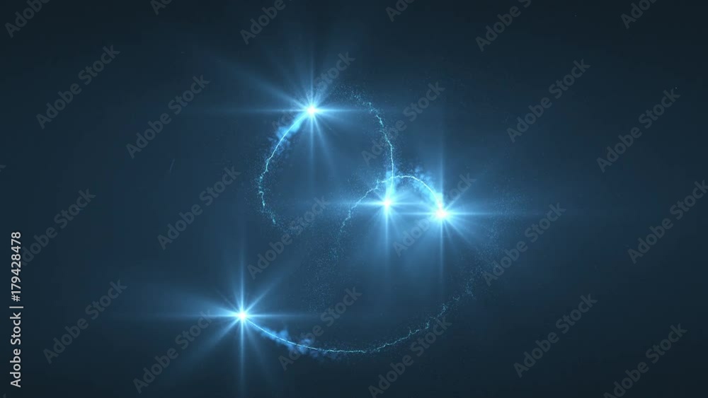 Poster lightning blue ball of light flying in circle animation. shining lights in motion with small particl