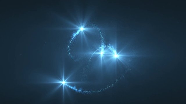 lightning blue ball of light flying in circle animation. Shining lights in motion with small particles. Ring of electricity, Plasma ring on a dark background.