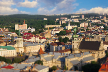 Fototapeta na wymiar Panorama of Lviv, Ukraine.Center of the city,view from high.Tilt shift effect